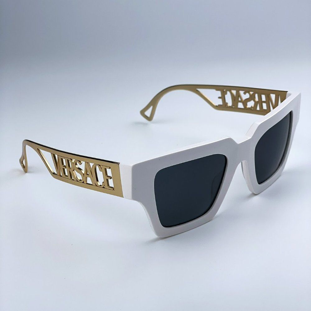 NEW Versace VE4431 401/87 White Gold Logo Dark Grey Square Women Sunglasses - Picture 9 of 12